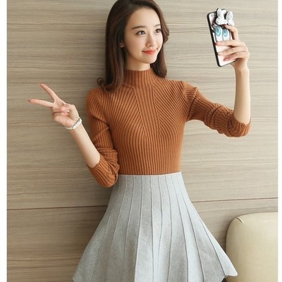 セーター女性2021秋冬修身中襟底長袖カバー頭半高襟薄い上着ニット卸売り|undefined