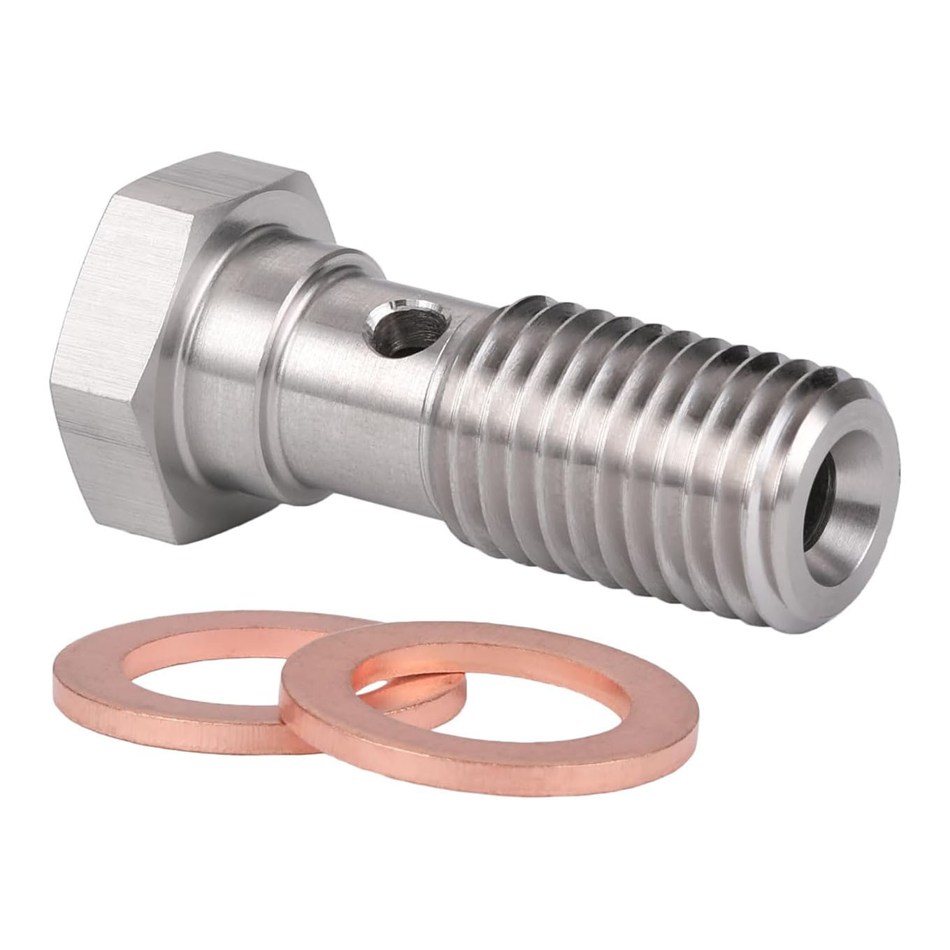 Stainless steel banjo bolt brake line connector with copper washer suitable for car calipers and clutches