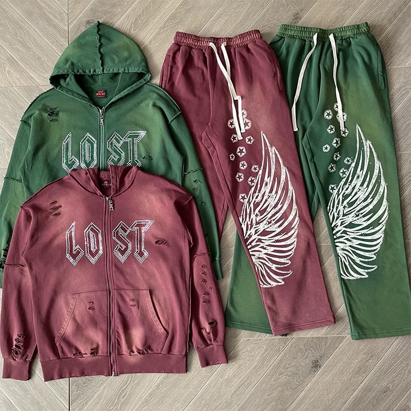 Lost intricacy Hoodies 镶钻洗水破洞休闲拉链连帽卫衣长裤套装|undefined