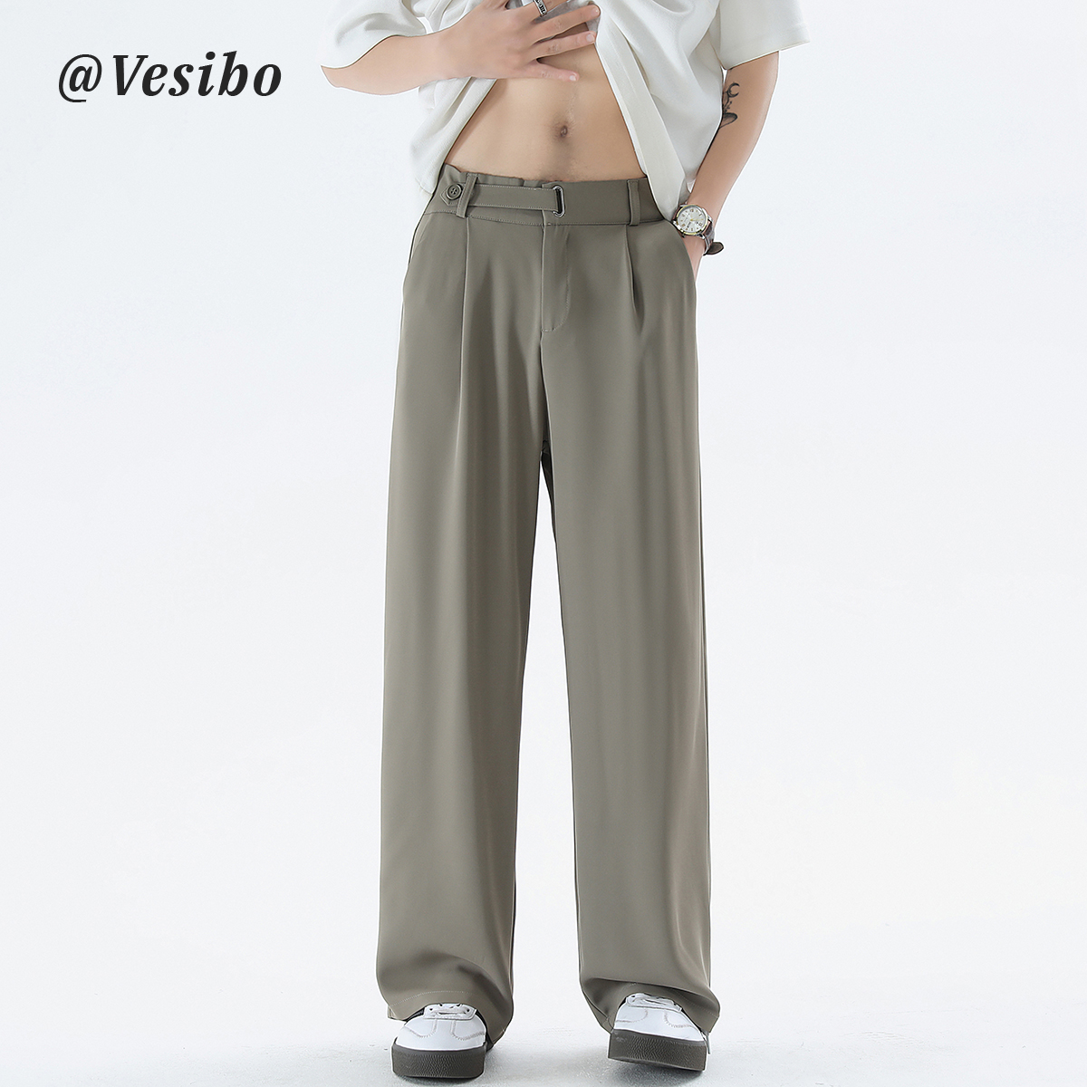 Pantalones verticales para hombres, pantalones casuales de verano, pantalones largos de pierna, botones interiores, pantalones sueltos para hombres.