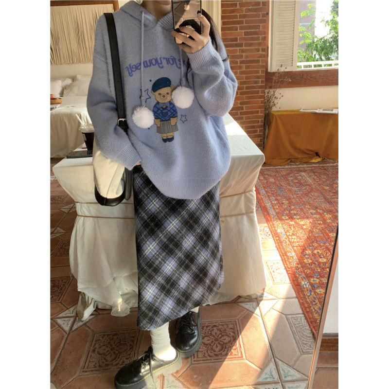 플러스 사이즈 게으른 대학 스타일 모피 볼 후드 스웨터 격자 모직 스커트 JK 세트 여성 트렌디
