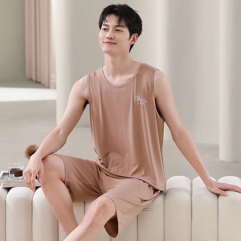 Herren-Sommerwesten-Set aus Modal-Baumwolle, ärmellose Hauskleidung kann draußen getragen werden, lockeres zweiteiliges Hausset in Übergröße-XL_voghion.com