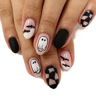 Short Oval Bright Almond Bat Ghost Plaid Cute 20.24 million Holy Day Nail Art New 24 Pieces