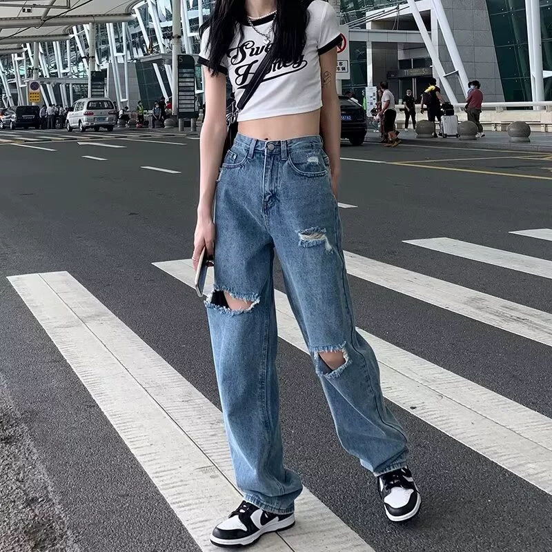 Ретро дырки джинсы женский 2024 весна и осень новый большой размер тонкий с высокой талией, свободные тонкие прямые брюки