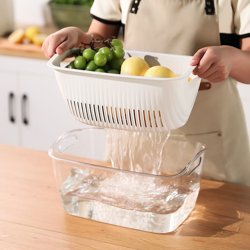 PET thickened light luxury double-layer drain basket drain basin kitchen double-layer vegetable washing blue drain washing fruit transparent vegetable basin