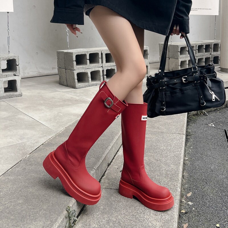 Yueyu Versatile Outdoor Red Rain Boots for Women 2025 New Round-Toe Thick-Soled High-Top Knight Boots over the Knee Boots