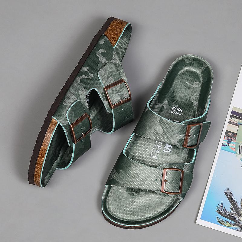 Camouflage Cork Slippers, Military Green Couple's Flat Slip-On Outdoor Sandals, Women's Birkenstock-Style Slip-On Shoes