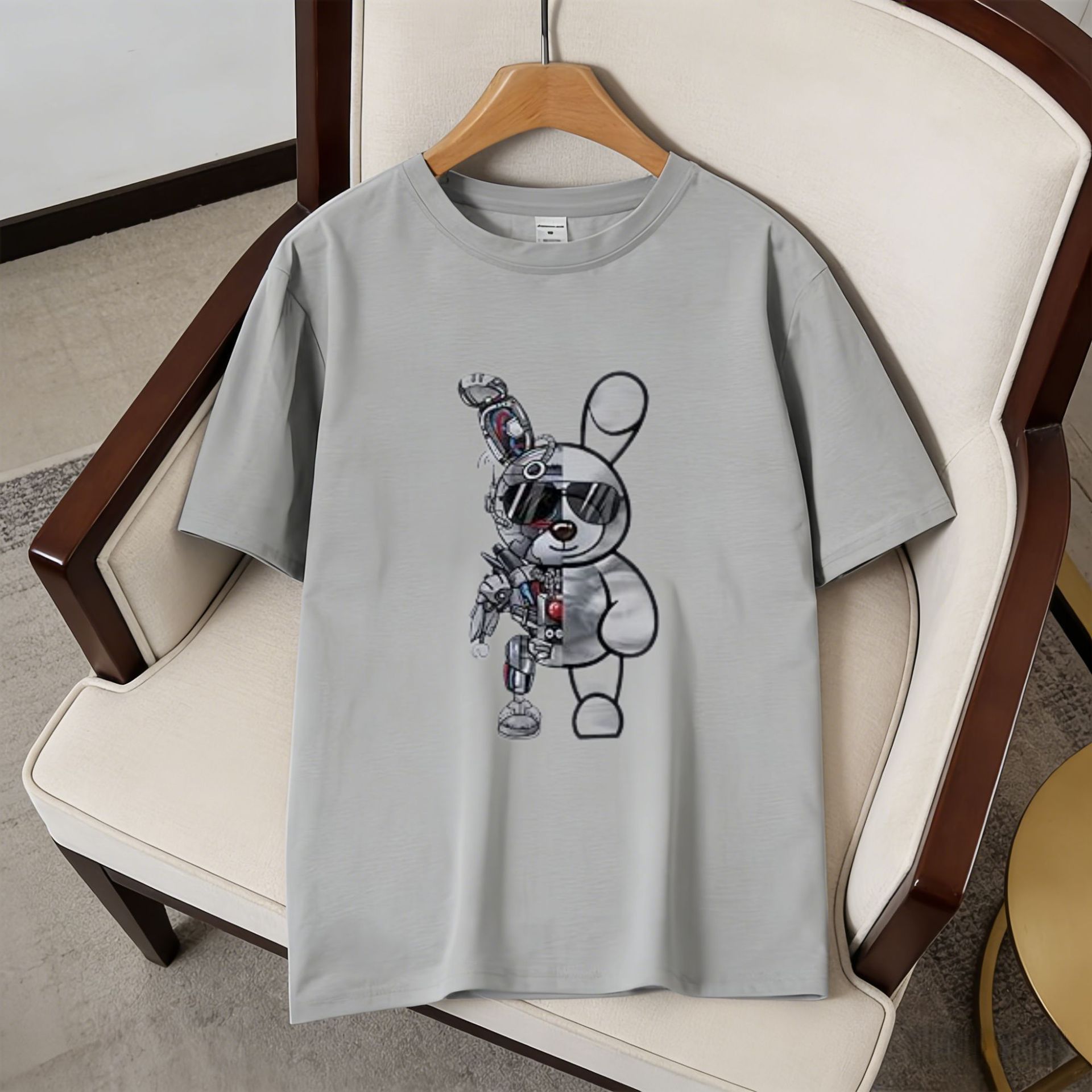 Tide Brand Mechanical Rabbit Printed Short-sleeved T-shirt, European And American Loose Large-size T-shirt Top_viptrois.com