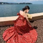 露背碎花海边法式连衣裙
