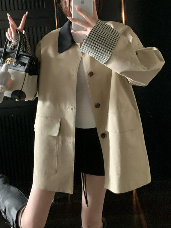 槿一 高智巴恩风 卡其色风衣撞色格纹拼接短款宽松外套女秋慵懒风|undefined