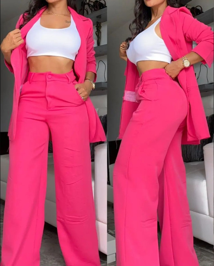 women's sets Women's and Elegant Solid Color Split Sleeve Lapel Suit Pocket Straight leg Trouser Set_voghion.com