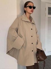Women's Plain Pocket Button Front Coat Elegant Batwing