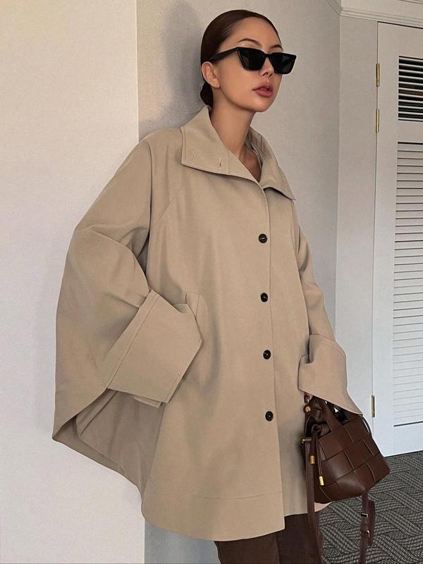 Women's Plain Pocket Button Front Coat Elegant Batwing|undefined