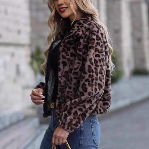 Flashy Wool 2025 Women's European and American Autumn/Winter Loose Zipper Long Sleeve Leopard Print Plush Coat