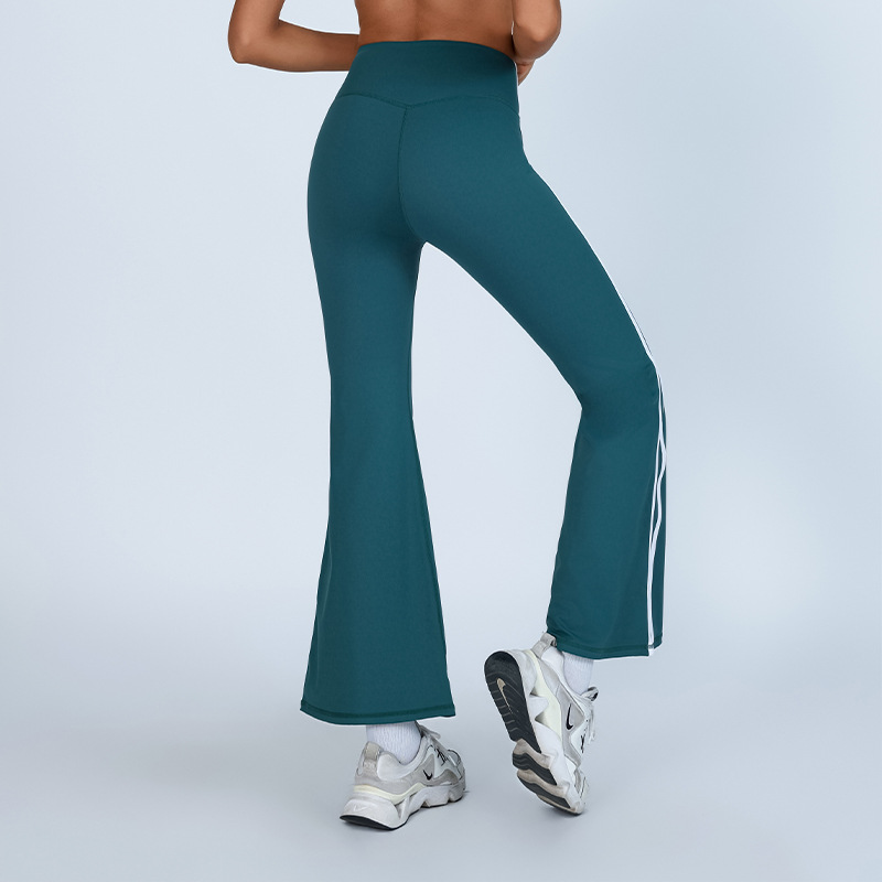 Pantalones de microyoga de cadera de melocotón de estilo europeo y americano, cintura alta, contraste de color blanco, deportes, fitness, pantalones acampanados de secado rápido de alta elasticidad