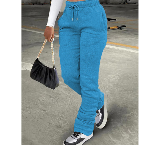 Women's European and American Fashion Sweatshirt Fabric Sports Casual Drawstring Pile Pants with Pockets