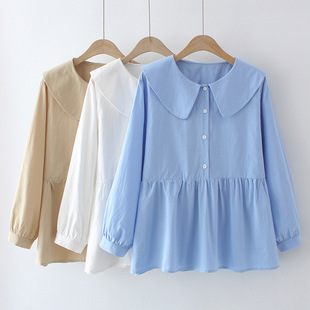 200 Jin Chubby Sister Spring and Autumn New Age-reducing Doll Collar Solid Color Shirt Large Size Women's Casual Doll Shirt 2884