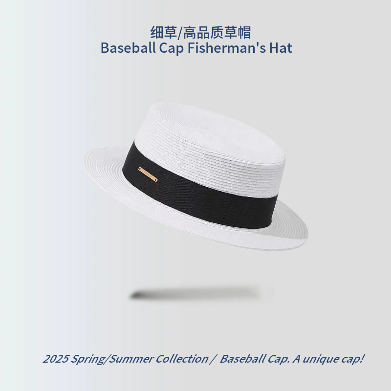 法式草编礼帽子女高品质英伦平顶草帽度假风显脸小新款遮阳防晒帽|undefined