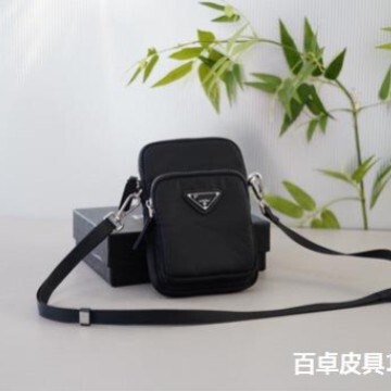 P Lada Men's Triangle Metal Logo Ornaments Regenerated Nylon Mobile Phone Bag Shoulder Bag Crossbody Bag Picture Real Shot