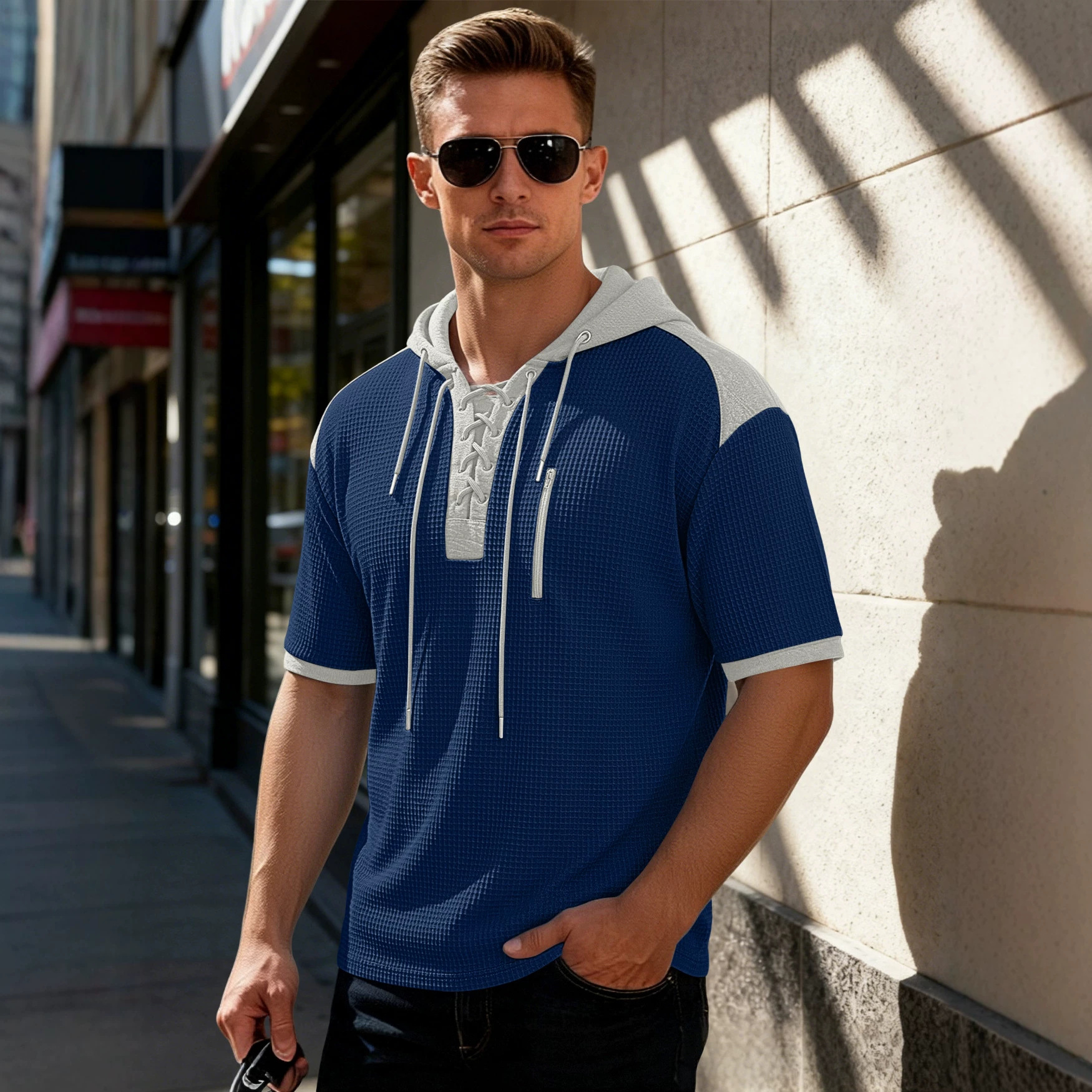 Amazon camisa europea y americana con capuchón de manga corta TK Henry camiseta europea correa de correa de correa de correa de comercio exterior camiseta deportiva casual hombre