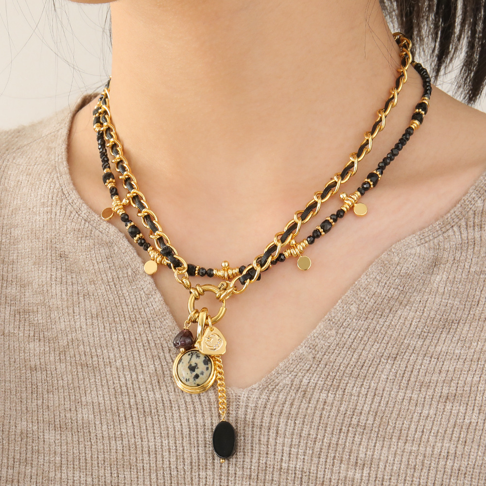 Women's Gender Retro Geometric Natural Stone Copper Black Pointed Crystal Necklace In Bulk