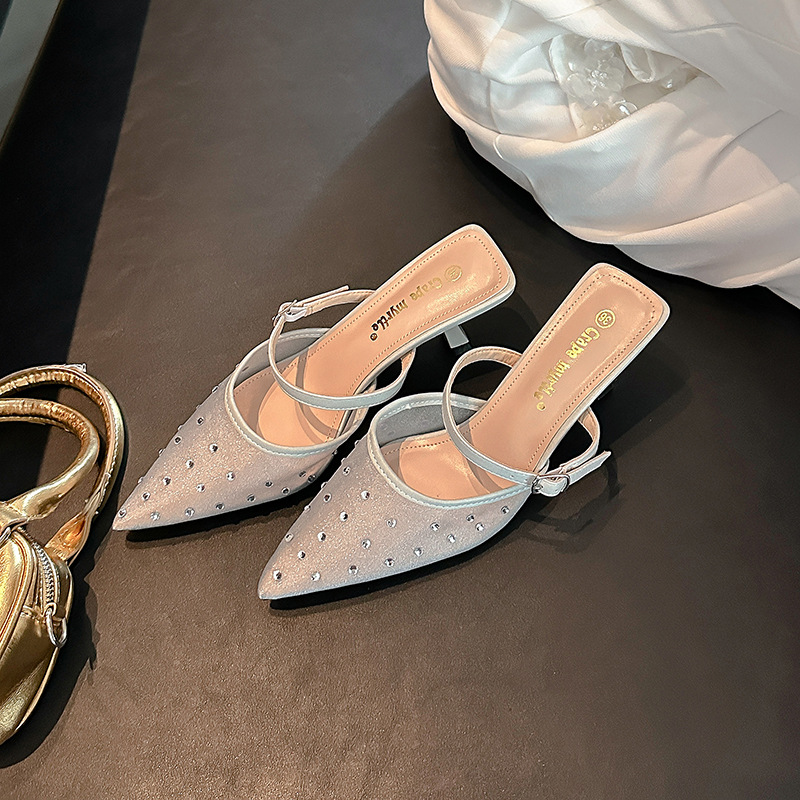 Sandalias de Tacón Delgado para Mujer 6cm de Malla con Pedrería Transpirable para Fiestas y Eventos