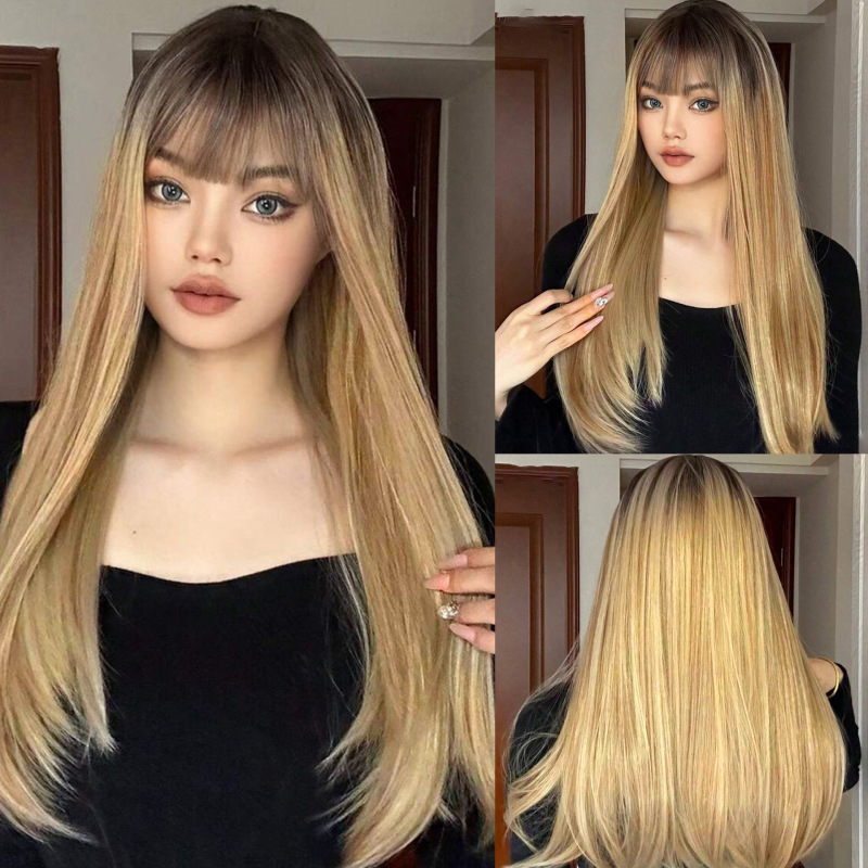 Cross-border wig female wig full head wig bangs wig 613 long hair chemical fiber straight hair daily cos wig