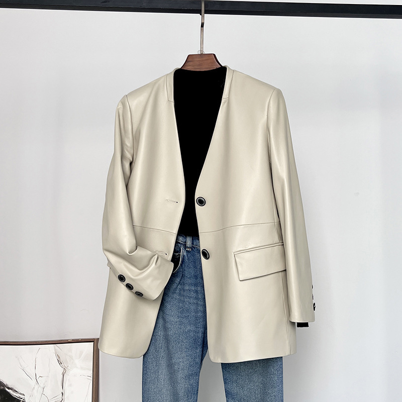 Haining Leather Jacket 2026 Spring and Autumn New Style Women's First Layer Genuine Sheepskin Fashion Collarless Blazer