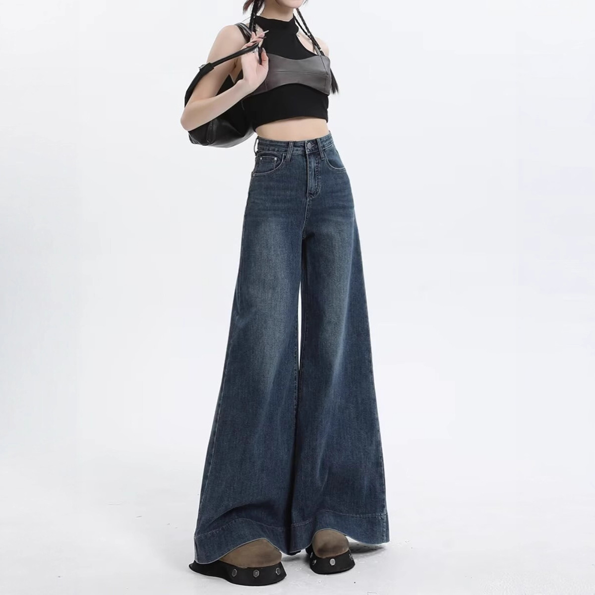 American Retro Flared Jeans for Women, Spring New High-Waisted Loose Bell-Bottom Pants for Petite Figures, Floor-Length