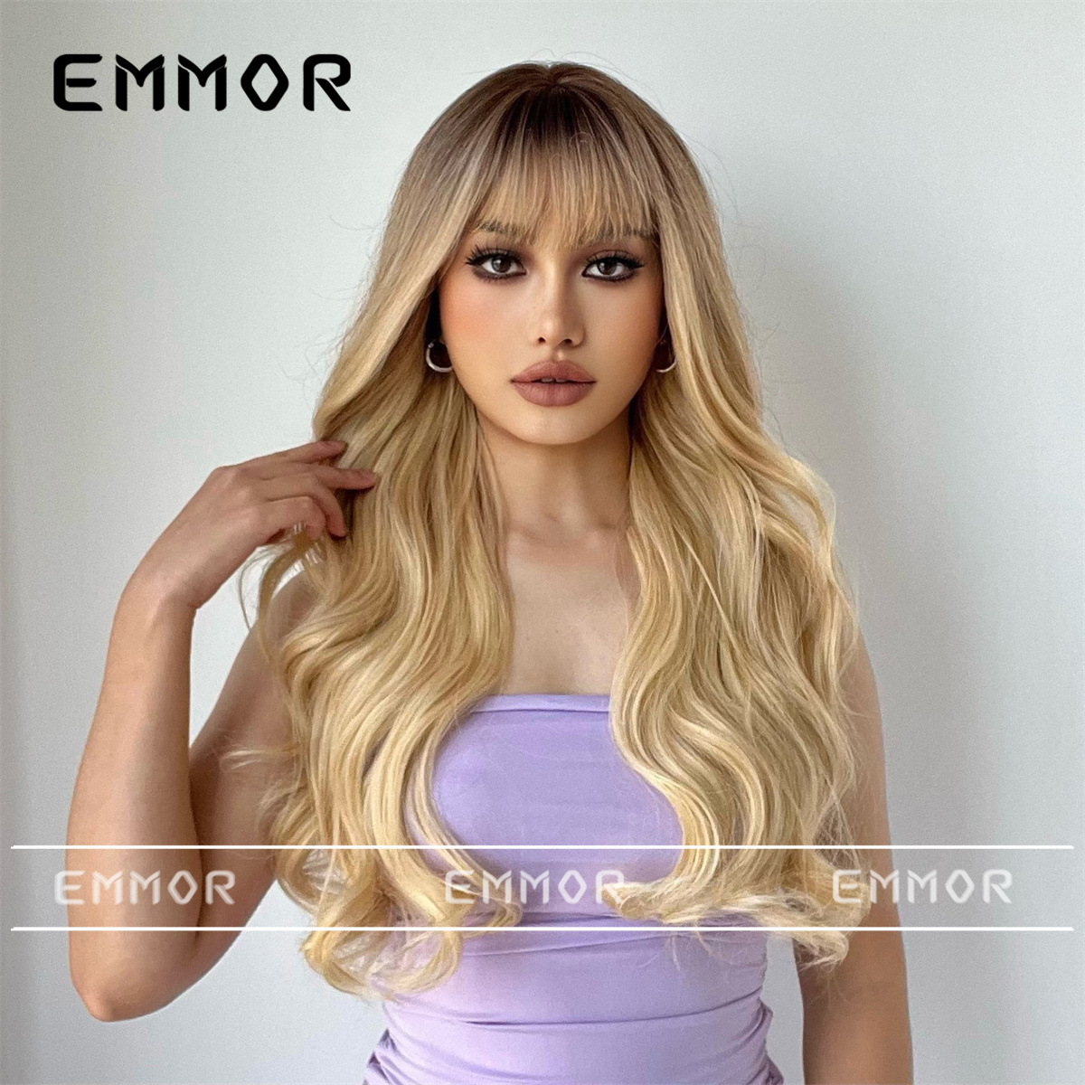 Cubierta de cabeza completa de comercio exterior transfronterizo europeo y americano Negro Gradiente Dorado Bangs largo pelo rizado Peluca de onda grande para las mujeres