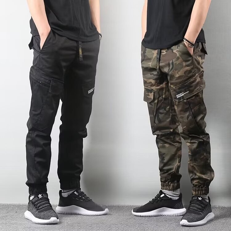 High street style ankle-tied camouflage jogging workwear functional multi-pocket ankle-tied pants trendy men's slim fit ankle-tied casual pants