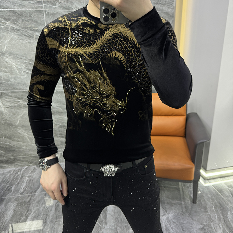 European Fashion Men's Autumn New Gold Velvet Long Sleeve Round Neck Printed Sweater Slim Fit Base Shirt Top