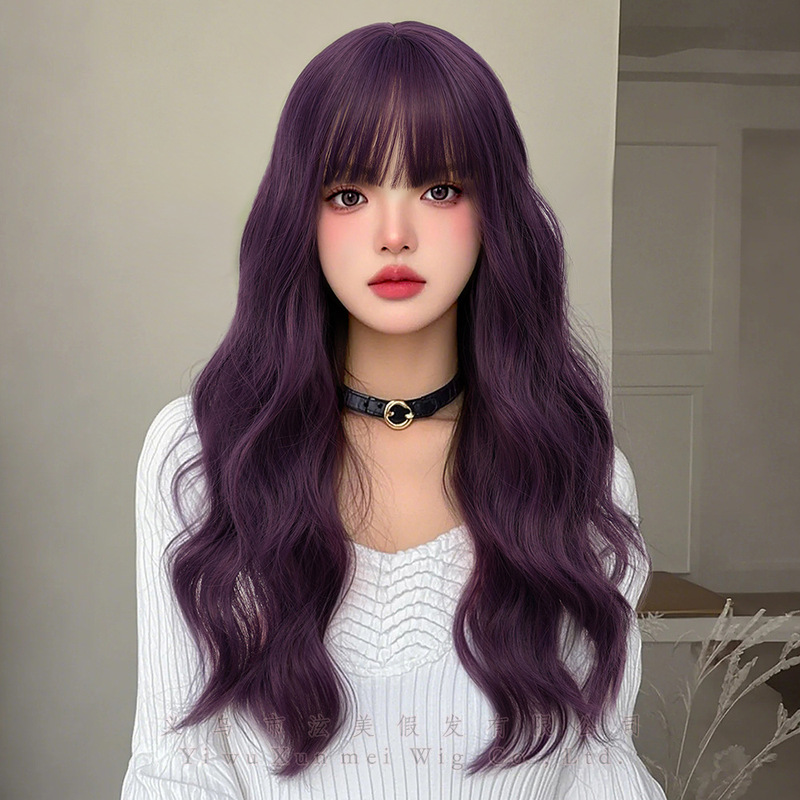 Cross-border European and American wig taro purple long curly hair neat bangs grape purple water corrugated chemical fiber headgear manufacturers wholesale
