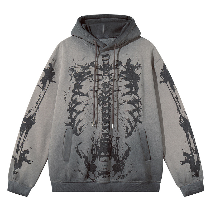 Yipinjia American Oversize Skull Print Heavy Velvet Hooded Sweatshirt Men's Trendy Brand Vintage Jacket