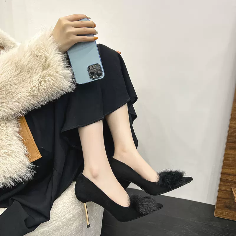 2024冬季新款法式水貂毛高跟鞋设计感小众名媛气质御姐性感单鞋女