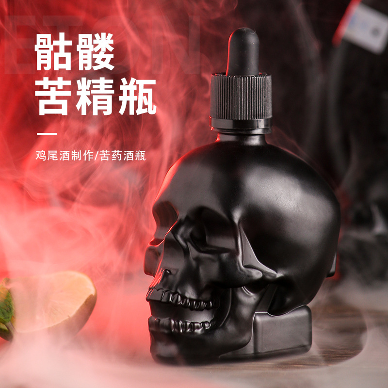 Skeleton bitter wine bottle droplet tubing bartender and fragrance…