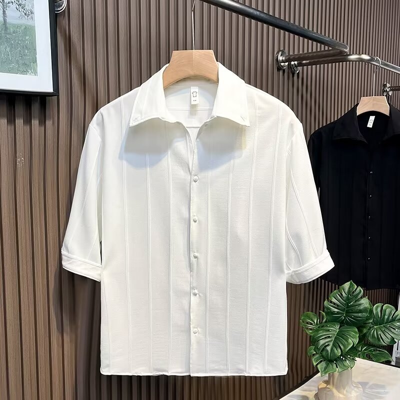 Camicia uomo a maniche corte a righe in misto seta casual_voghion.com