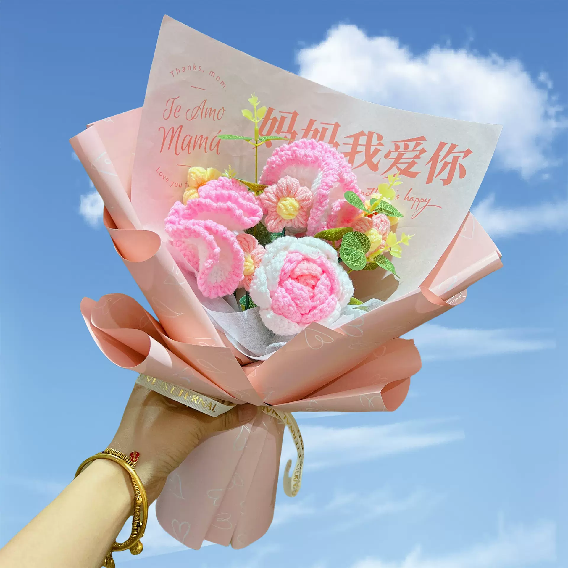 母亲节康乃馨针织花束成品手工编织毛线花送妈妈的礼物仿真花批发
