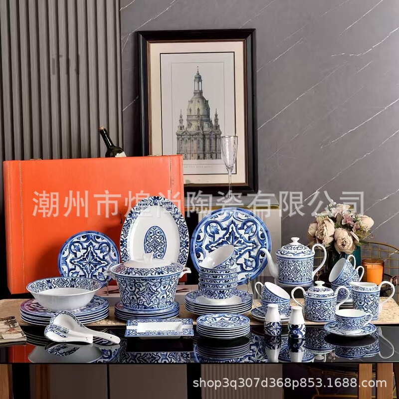 European-Style Light Luxury Retro Bone China Glaze Tableware 58-Piece Set Dujia Dg Mediterranean Love Factory Direct Sale Gift