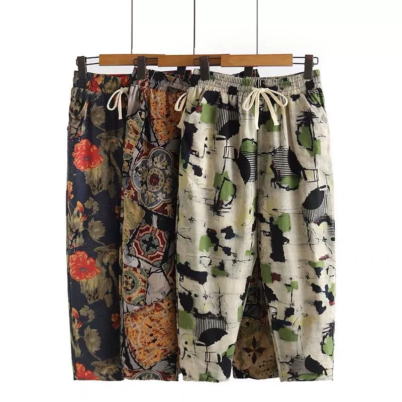 Новые женские брюки среднего возраста, шаровары из хлопка и льна, свободные брюки-морковки для мамы, утягивающие восьмиточечные женские брюки большого размера, поставка уличного киоска.