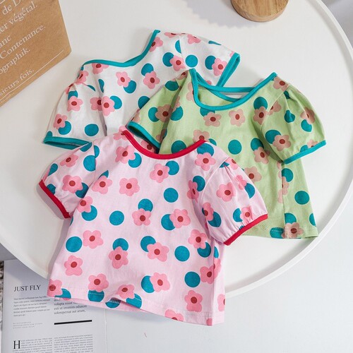 Children's clothing girls  new summer clothing baby girl Korean style small flower T-shirt children's short-sleeved flower top summer T-shirt