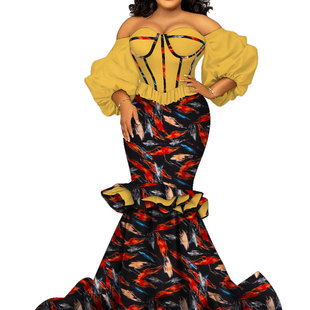 African Women Strapless Strapless African Printed Lantern Sleeve Dress Wedding African Women Dress