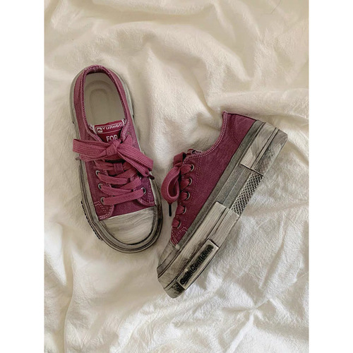 Women's 2025 New Summer White Canvas Shoes with Thick Bottom, Hong Style, Versatile Casual Retro Distressed Shoes