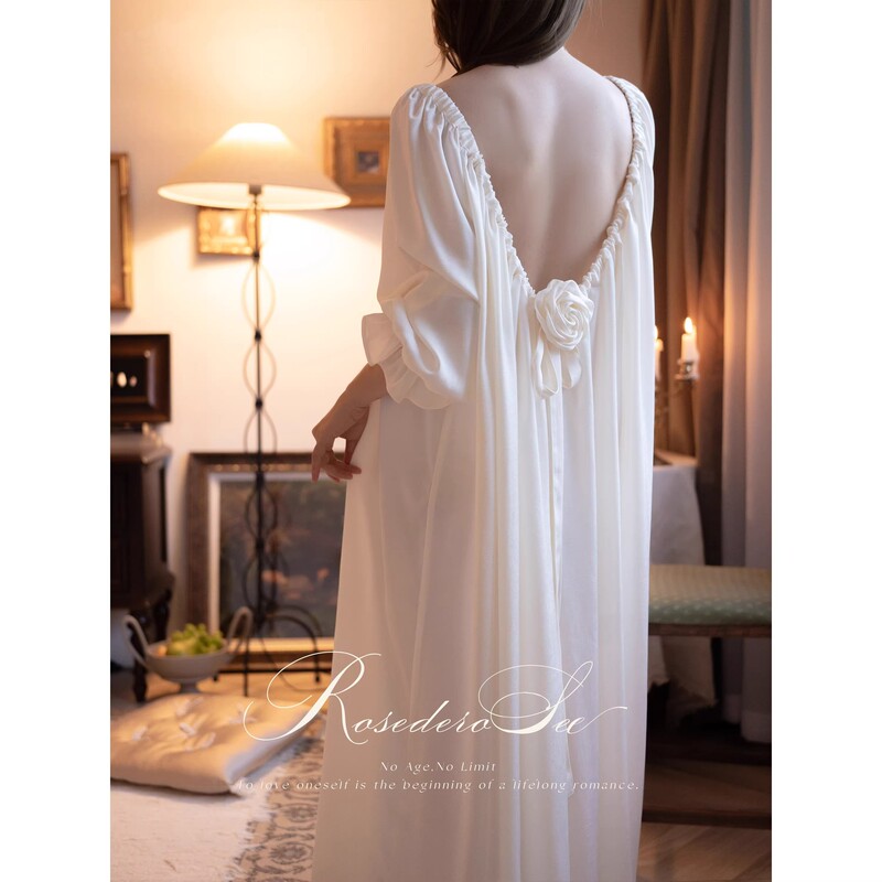 2026 French Retro Ice Silk Satin Nightgown for Women, Spring and Autumn Court Style, Summer Backless Long Dress, Loungewear, Vacation Style