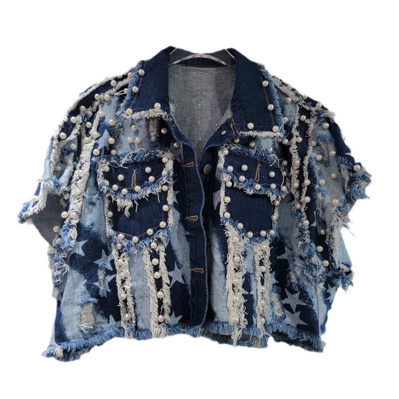 El sentido del diseño europeo y americano 2024 otoño nuevo estilo irregular bordes de polipas de clavos pesados cuentas retro caliente jeans caballo clips mujeres