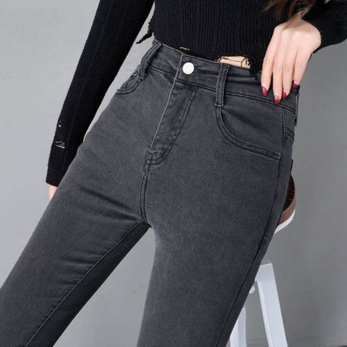 Slimming student jeans for women, high-waisted, long cigarette gray, black, small leg, elastic, Korean-style tight pencil pants