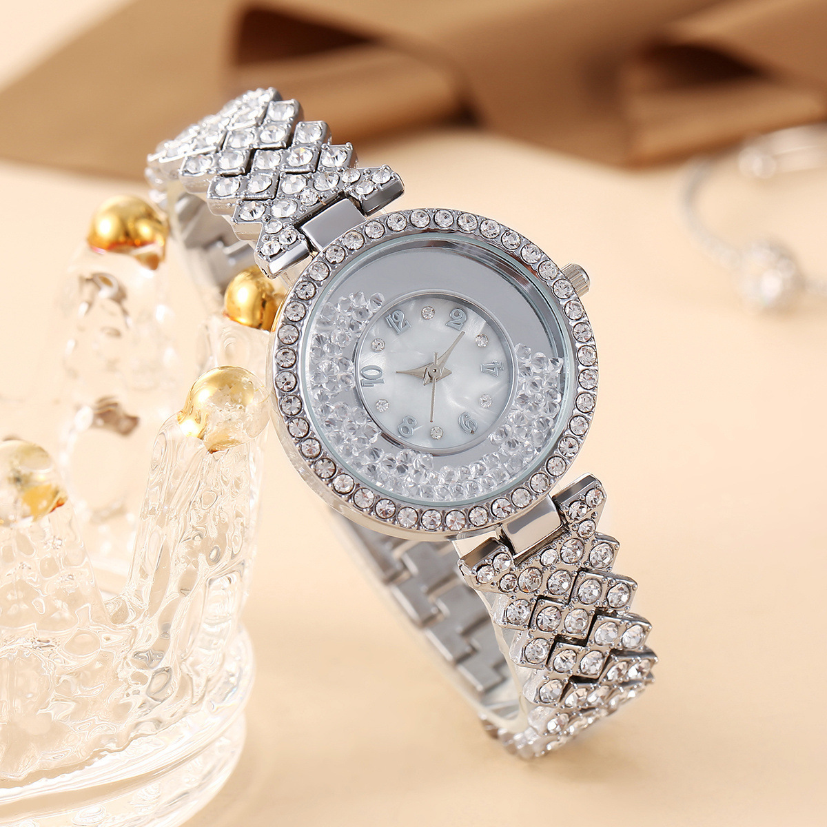 Fashion quicksand ball rhinestone Women's Watch Diamond Steel Belt bracelet digital dial light luxury watch_voghion.com