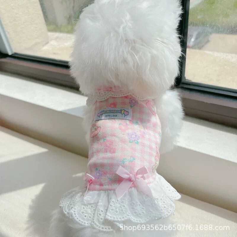 Pet Cat Dog Teddy Beaumi Bear Clothes Spring and Summer Home Clothes Lace Plaid Thin Bow Princess Dress Pet Cat Dog Teddy Beaumi Bear Clothes Spring and Summer Home Clothes Lace Plaid Thin Bow Princess Dress