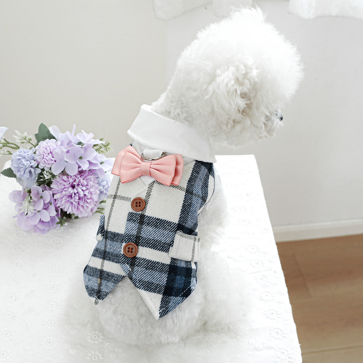 펫서클 애완동물 의류 강아지 고양이 의상 가을 겨울 따뜻한 블루 체크 테일코트