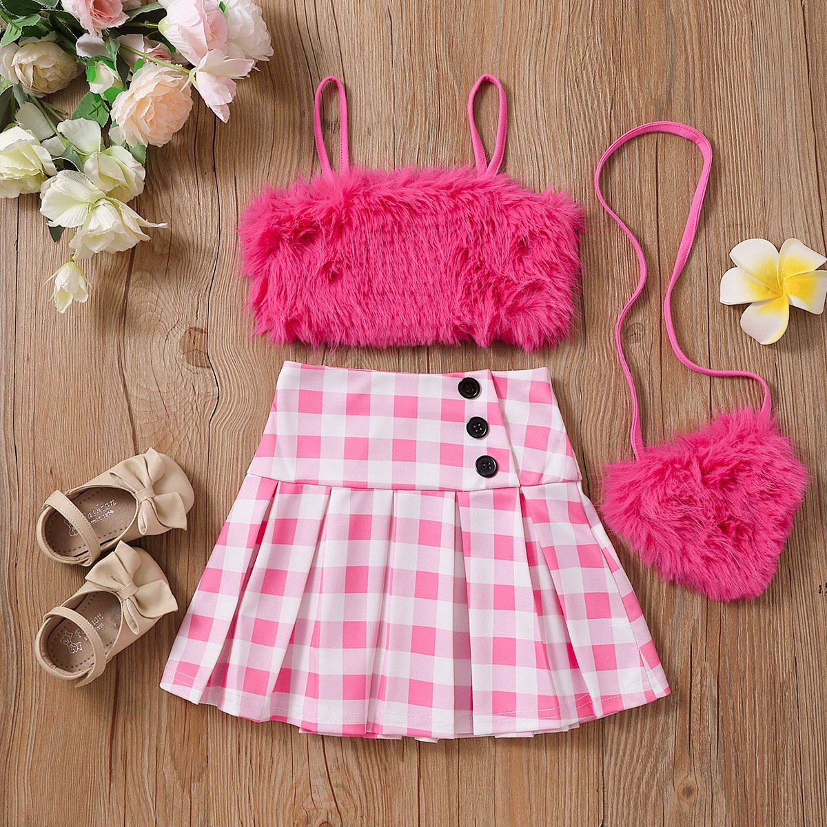 Set for St. Valentine's Day, pleated skirt, bag, European style, lifting effect, 3 piece set, three colors